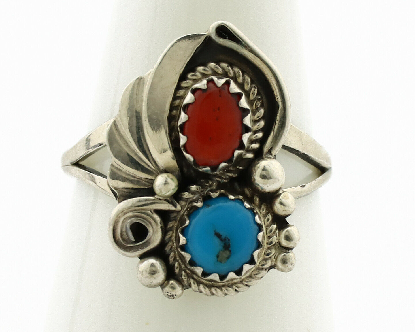 Navajo Ring .925 Silver Morenci Turquoise & Coral Native Artist Signed JM C.80's