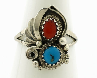 Navajo Ring .925 Silver Morenci Turquoise & Coral Native Artist Signed JM C.80's