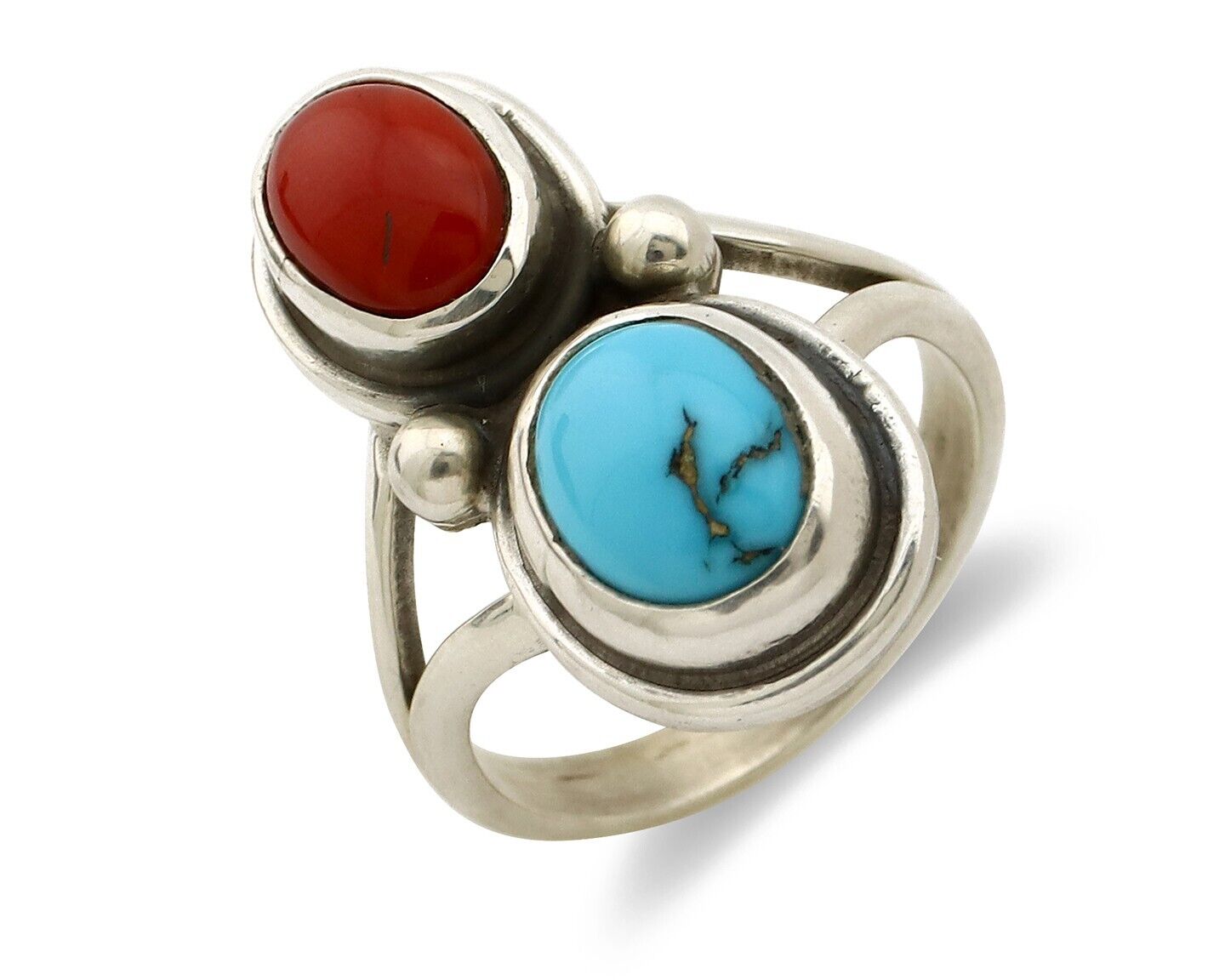 Navajo Handmade Ring 925 Silver Coral & Turquoise Native American Artist C.80's