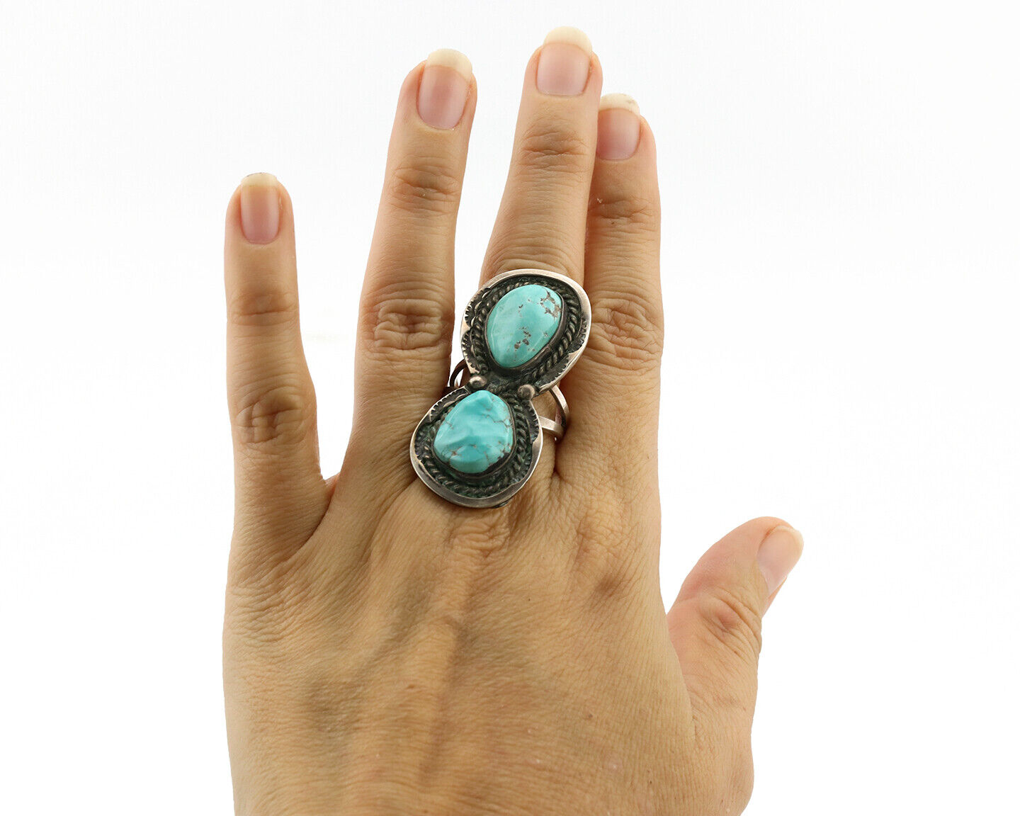 Navajo Ring .925 Silver Globe Turquoise Hand Stamped Native American Artist C80s