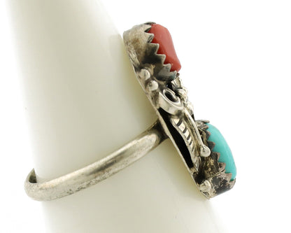 Navajo Ring 925 Silver Coral & Turquoise Handmade Native American Artist C.1980s