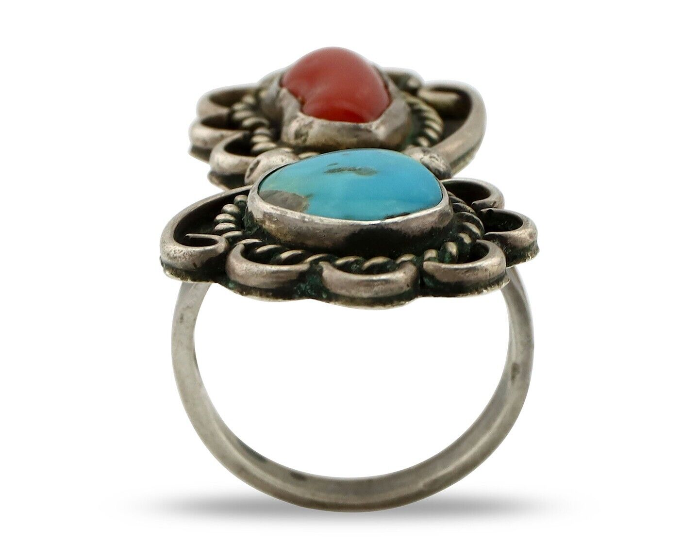 Navajo Ring 925 Silver Blue Turquiose & Mediterranean Coral Native Artist C.80's
