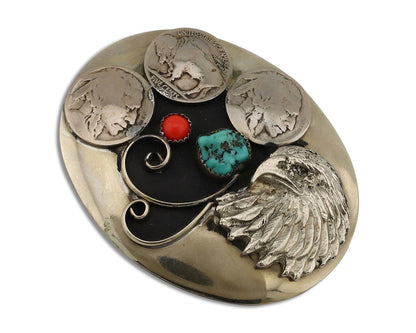 Navajo Eagle Head Belt Buckle .999 Nickle Turquoise & Coral Native Artist C80s