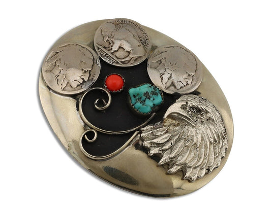 Navajo Eagle Head Belt Buckle .999 Nickle Turquoise & Coral Native Artist C80s