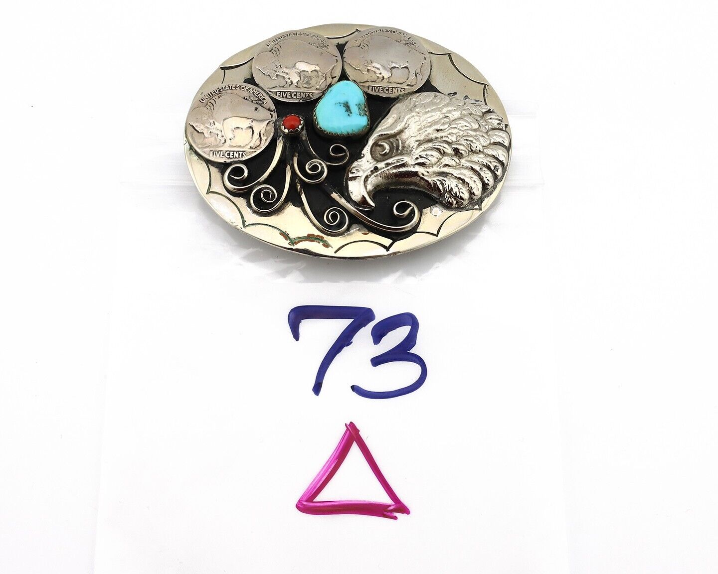 Navajo Eagle Belt Buckle Nickle Silver Gemstone Handmade Native American C.80's