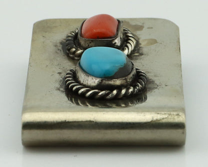Navajo Money Clip 925 Silver & 999 Nickel Natural Turquoise & Coral Artist C80