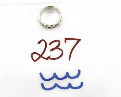 Navajo Chip Inlay Ring 925 Silver Sleeping Beauty Turquoise & Coral Silver Cloud