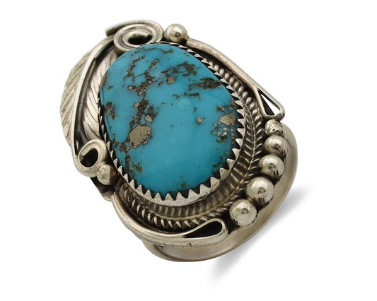 Navajo Inlay Band Ring 925 Silver Blue Morenci Turquoise Signed Justin Morris