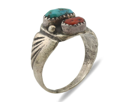 Zuni Ring .925 Silver Natural Turquoise & Coral Native American Artist C.1980's