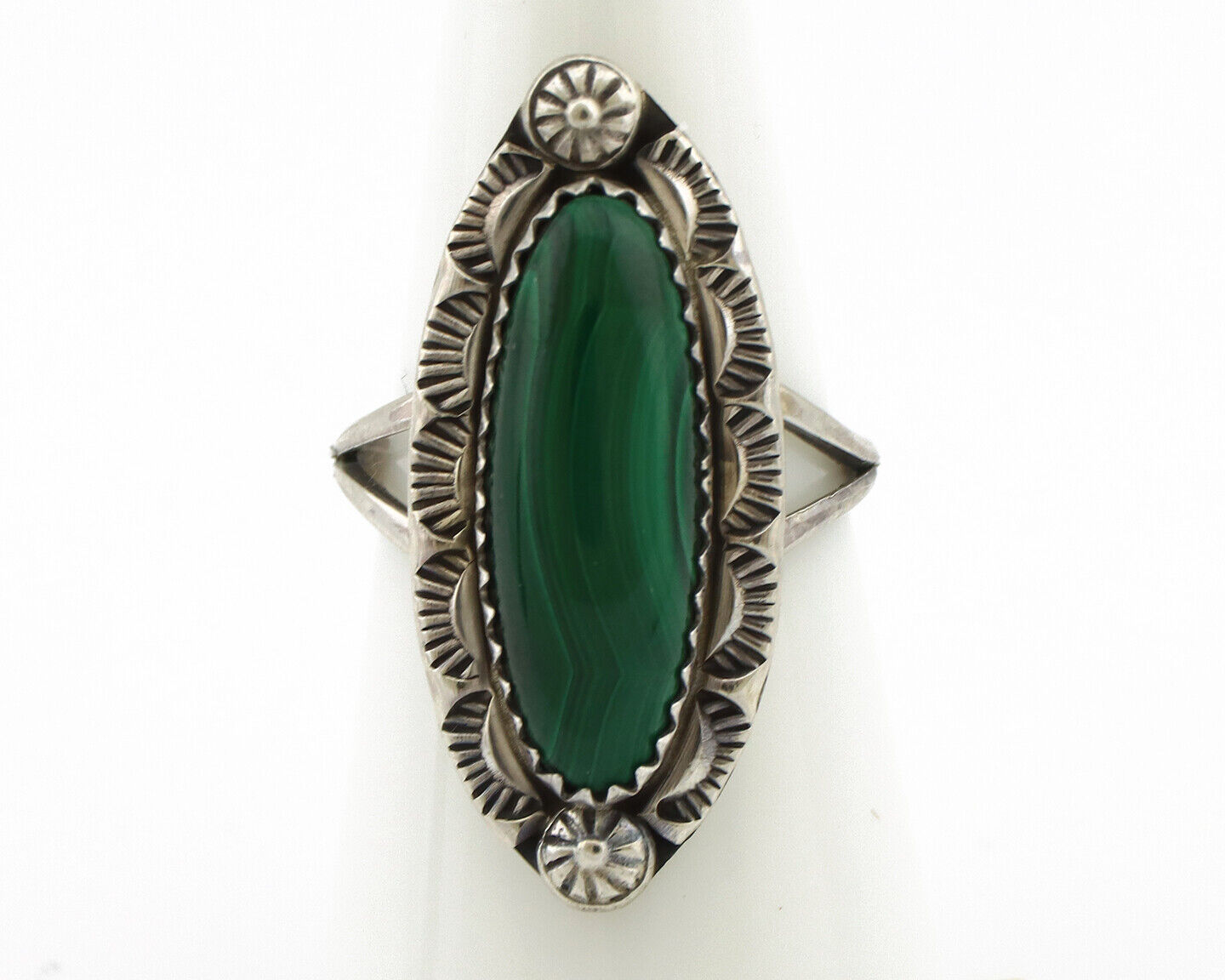 Navajo Ring 925 Silver Natural Malachite Artist Native American Signed H C.80's
