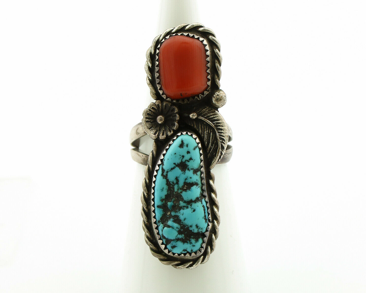 Navajo Ring .925 Silver Turquoise & Coral Native American Artist C.1980's