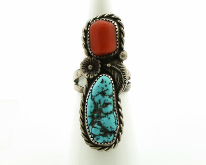 Navajo Ring .925 Silver Turquoise & Coral Native American Artist C.1980's
