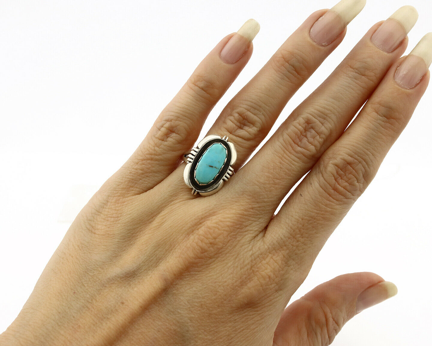 Navajo Ring .925 Silver Kingman Turquoise Handmade Native American Artist C.80's