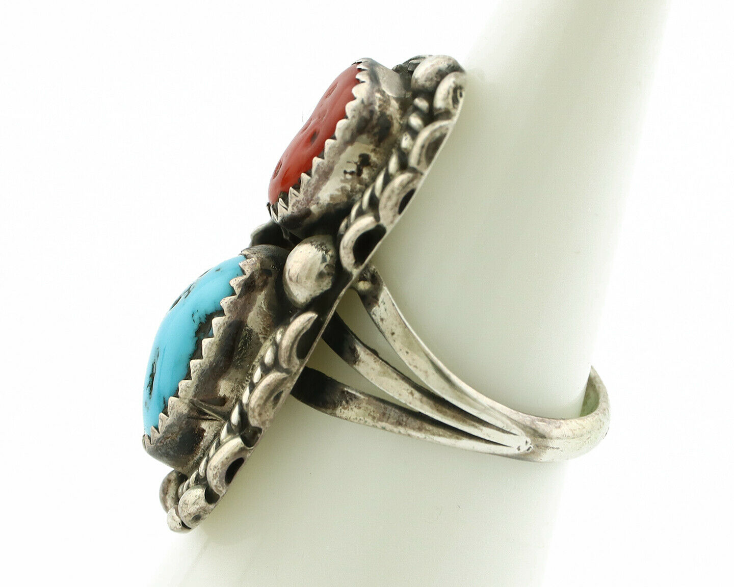 Navajo Ring .925 Silver Turquoise & Coral Artist Signed Thomas Singer C.80's