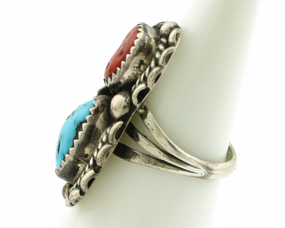 Navajo Ring .925 Silver Turquoise & Coral Artist Signed Thomas Singer C.80's