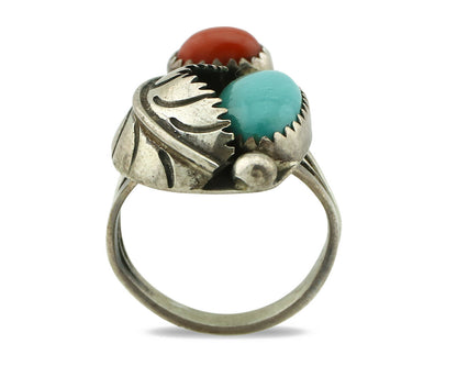 Navajo Ring .925 Silver Turquoise & Coral Native American Artist C.1980's