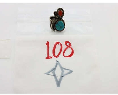 Navajo Handmade Ring 925 Silver Turquiose & Coral Native American Artist C.80's