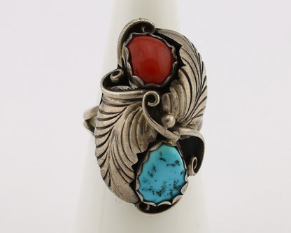 Navajo Handmade Ring 925 Silver Turquiose & Coral Artist Signed E C.80's