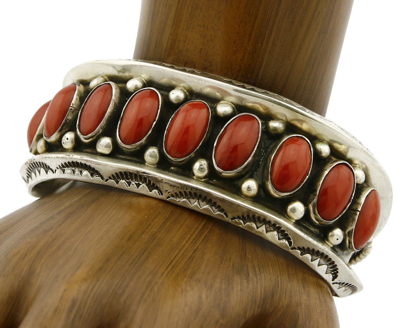 Navajo Bracelet .925 Silver Natural Calibrated Coral Old Pawn Handmade Cuff C80s