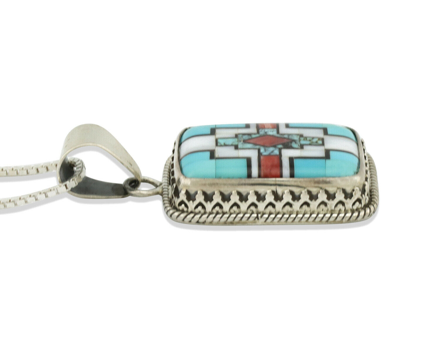 Navajo Handmade Inlaid Gemstone Pendant .925 Silver Signed SN C.80's