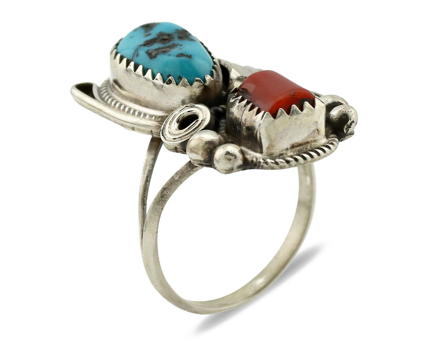 Navajo Ring .925 Silver Turquoise & Coral Artist Signed J Morris C.80's