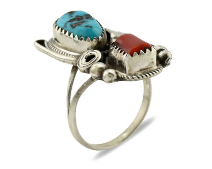 Navajo Ring .925 Silver Turquoise & Coral Artist Signed J Morris C.80's