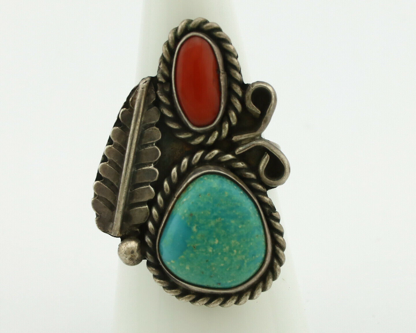 Navajo Ring .925 Silver Turquoise & Coral Native American Artist C.1975's