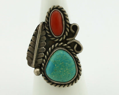 Navajo Ring .925 Silver Turquoise & Coral Native American Artist C.1975's