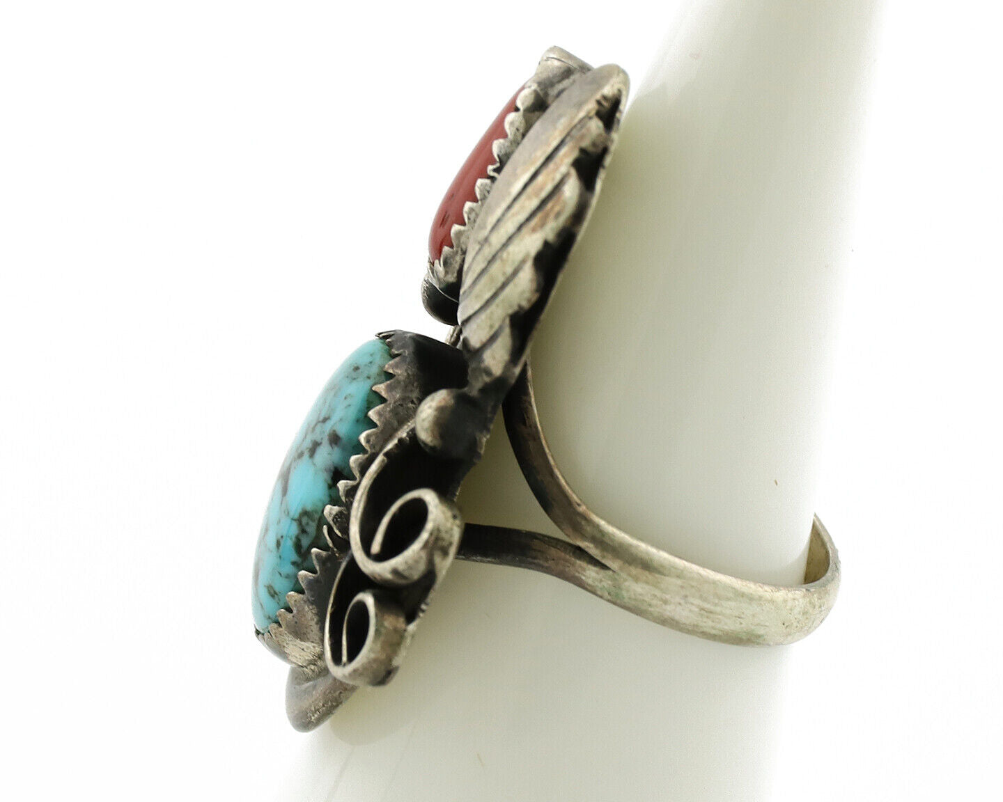 Navajo Ring 925 Silver Turquoise & Coral Artist Signed Native American C.80s