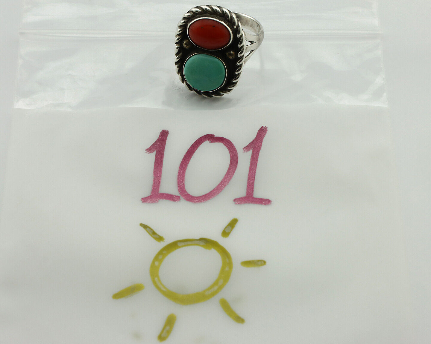 Navajo Ring 925 Silver Coral & Globe Turquoise Native American Artist C.1970's