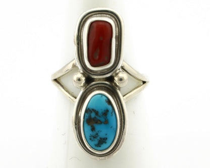 Navajo Ring .925 Silver Blue Turquoise & Red Coral Native American Artist C.80's