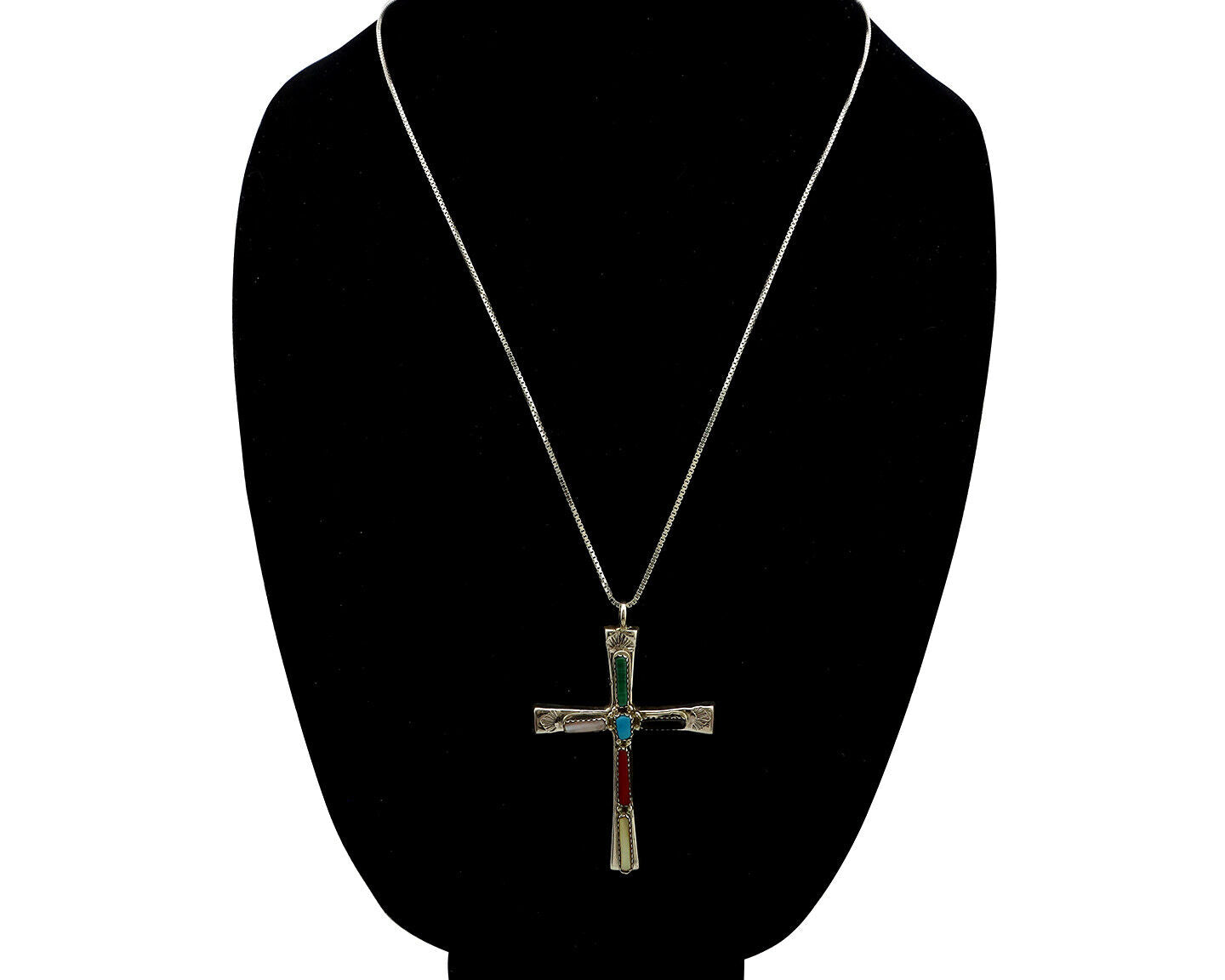 Zuni Handmade Cross Necklace 925 Silver Natural Gemstone Signed L. IULE C.80's