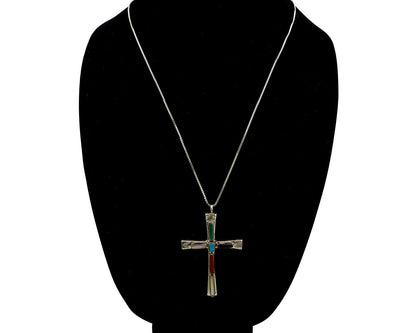 Zuni Handmade Cross Necklace 925 Silver Natural Gemstone Signed L. IULE C.80's