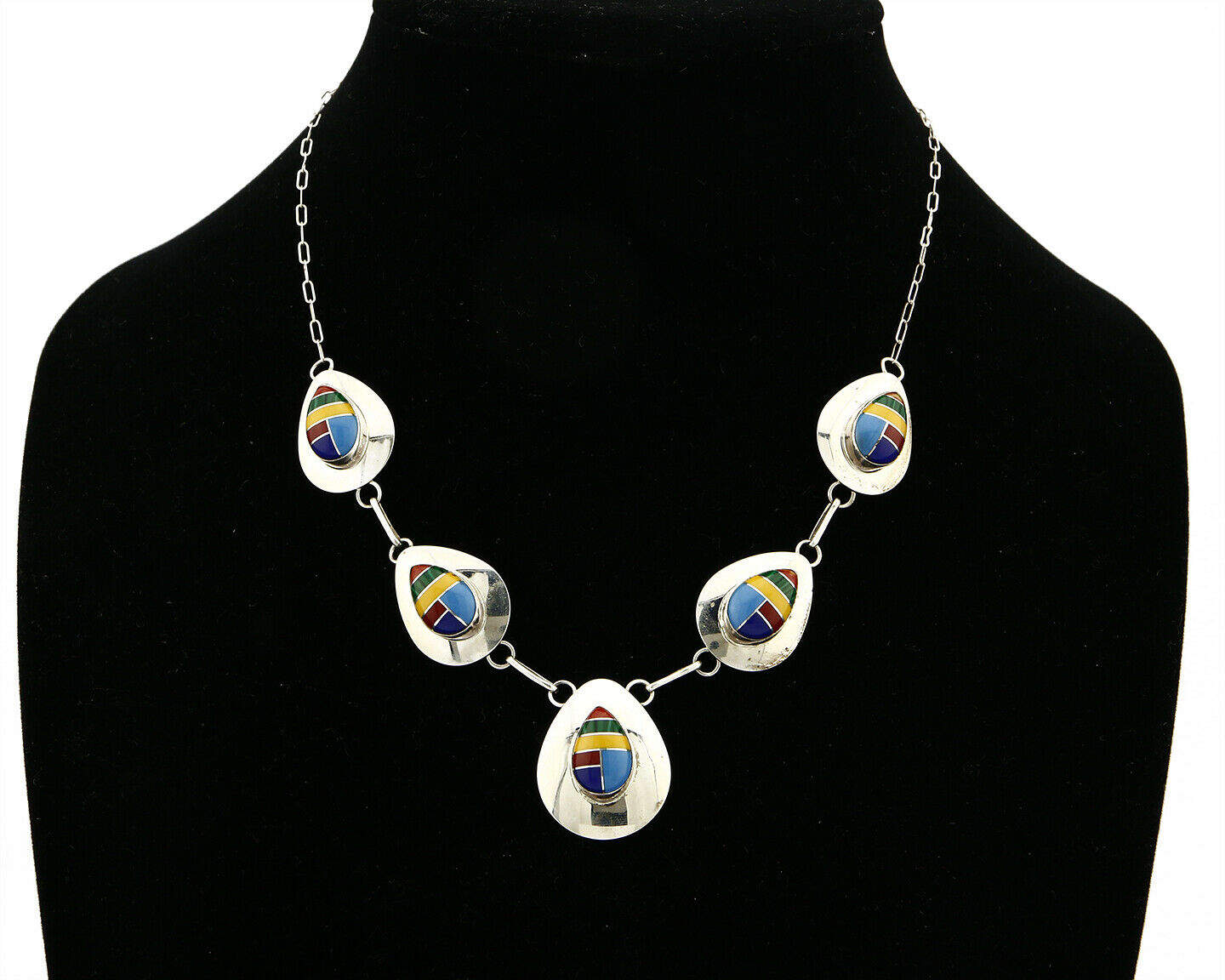 VTG Navajo Signed RWF .925 Silver & Gemstone Concho Inlaid Necklace