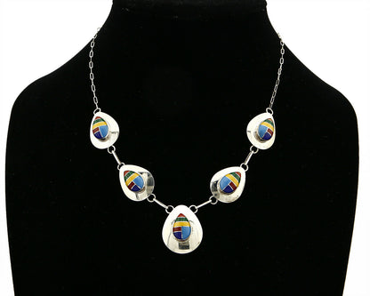 VTG Navajo Signed RWF .925 Silver & Gemstone Concho Inlaid Necklace