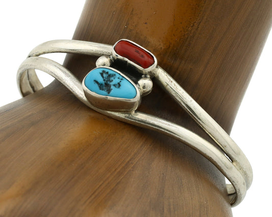 Navajo Bracelet .925 Silver Coral & Turquoise Artist Native American Artist C.90