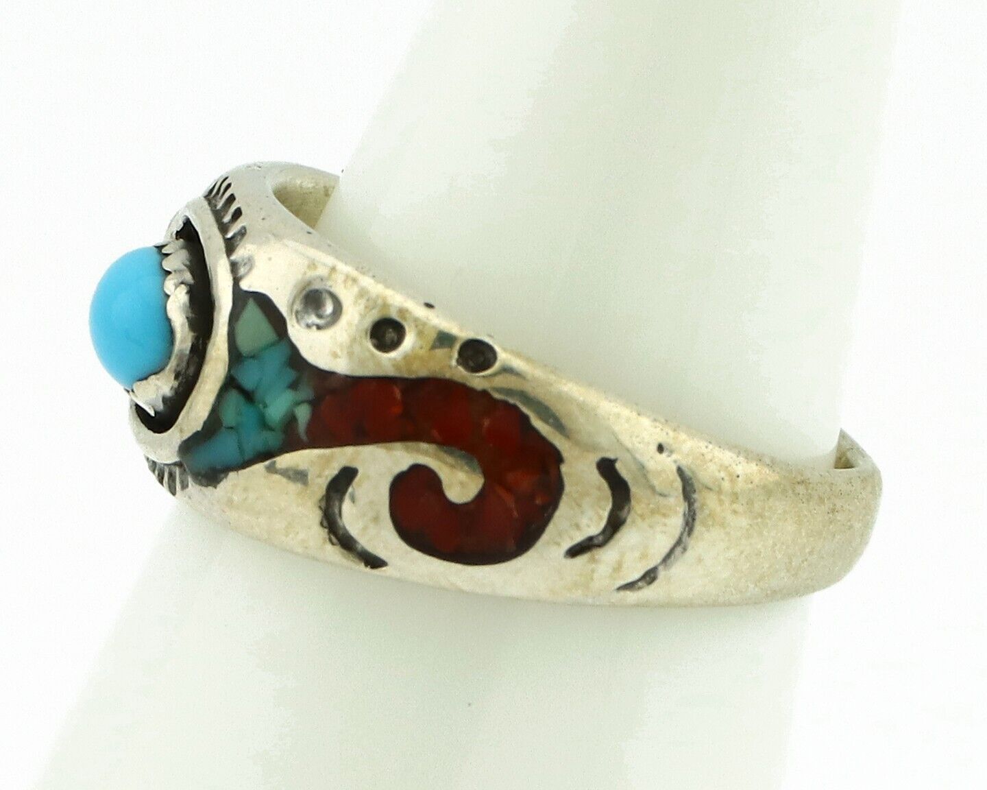 Navajo Handmade Ring 925 Silver Blue Turquoise & Coral Native American C.80's