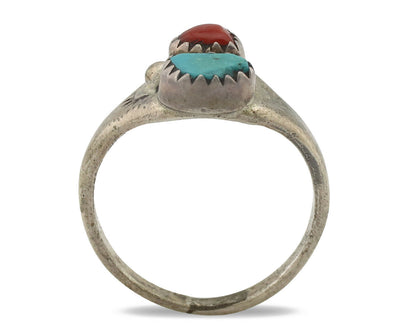 Zuni Ring .925 Silver Natural Turquoise & Coral Native American Artist C.1980's