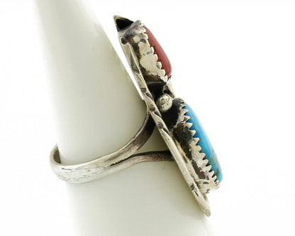 Navajo Ring 925 Silver Turquoise & Coral Artist Signed Native American C.80s