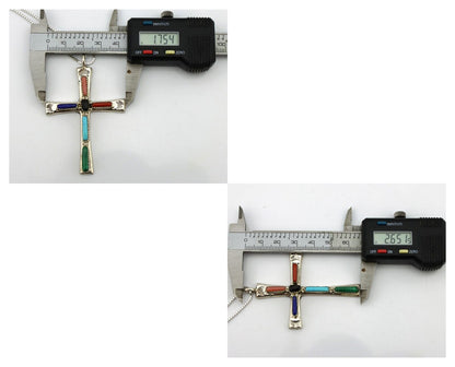 Zuni Handmade Cross Necklace 925 Silver Natural Gemstone Signed L. IULE C.80's