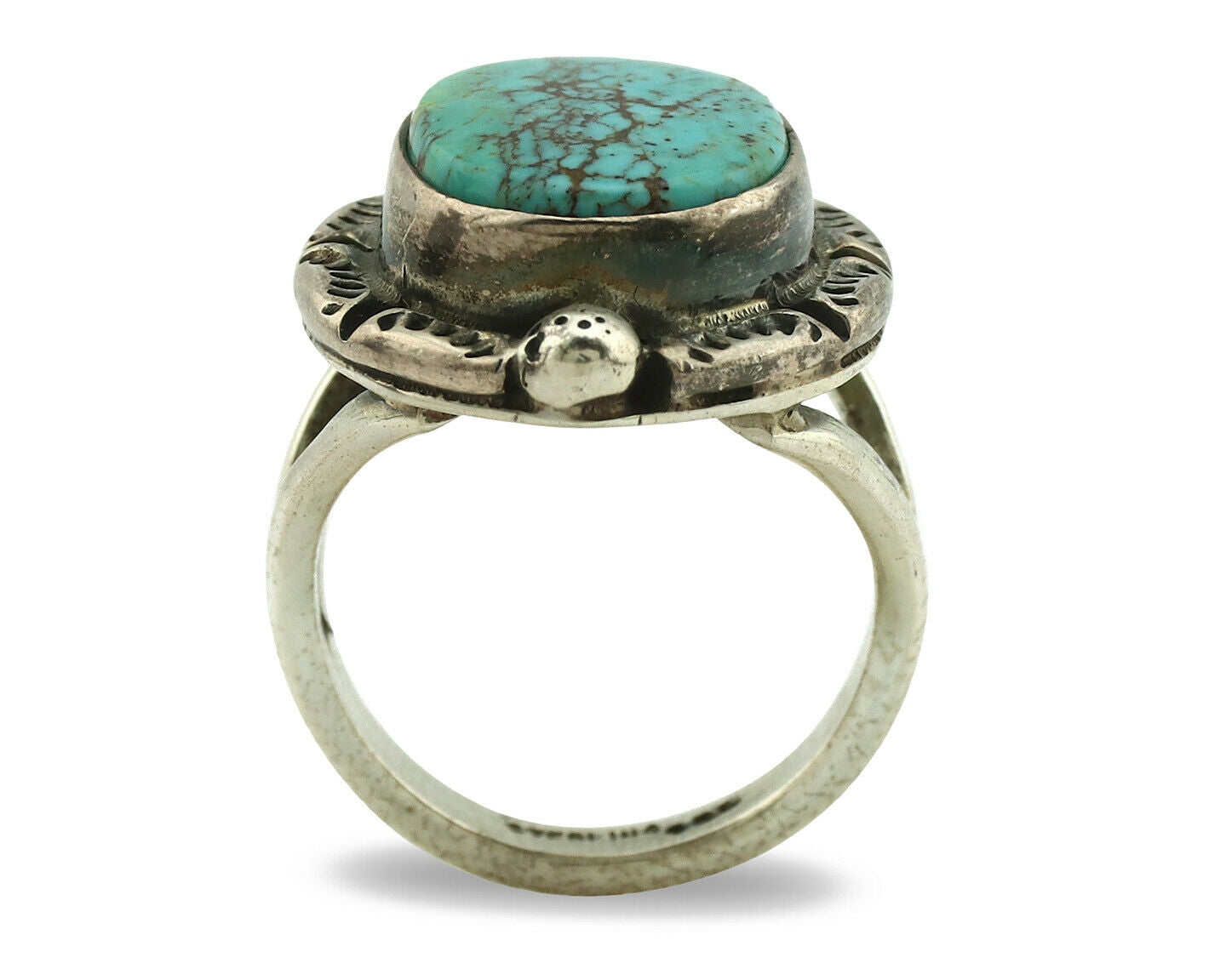 Navajo Ring .925 Silver Kingman Turquoise Artist Signed Gecko C.1980's