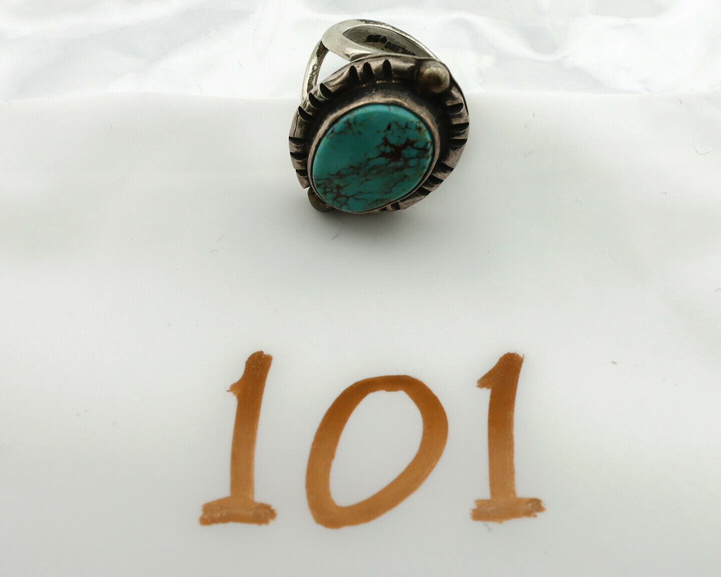 Navajo Ring .925 Silver Kingman Turquoise Artist Signed Gecko C.1980's