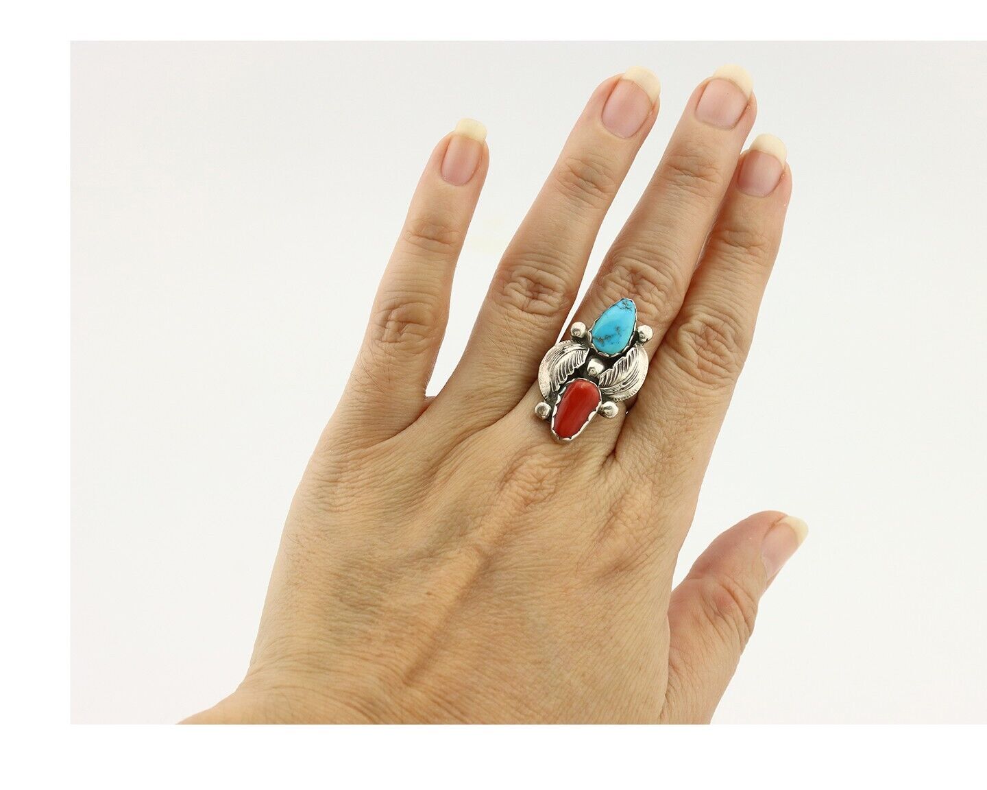 Navajo Ring 925 Silver Blue Turquiose & Mediterranean Coral Native Artist C.80's