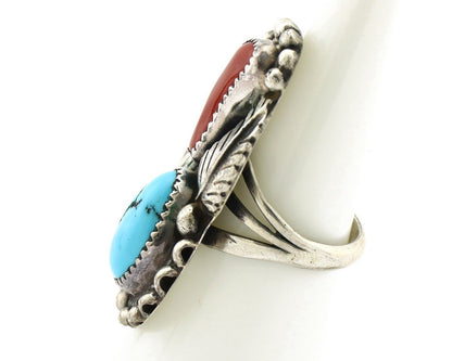 Navajo Ring 925 Silver Blue Turquoise & Coral Signed Stanley Bain C.80's