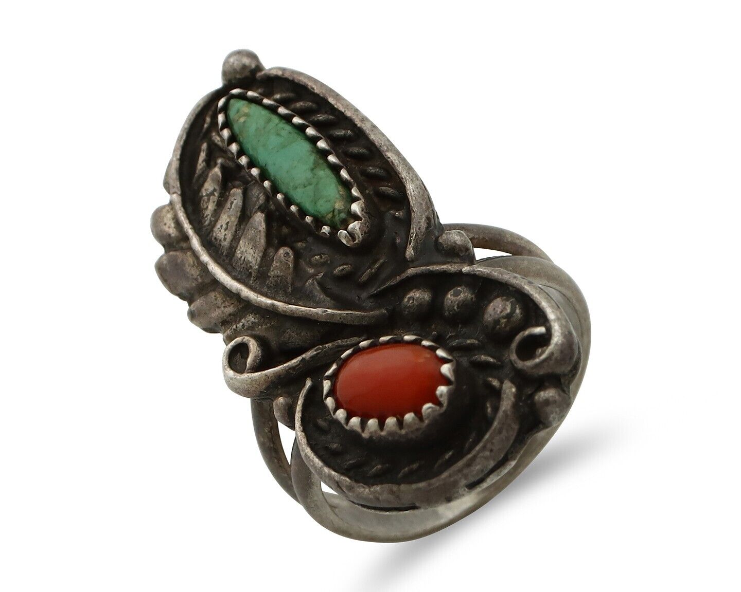 Navajo Handmade Ring 925 Silver Turquiose & Coral Native American Artist C.80's