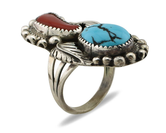 Navajo Ring 925 Silver Blue Turquoise & Coral Signed Stanley Bain C.80's