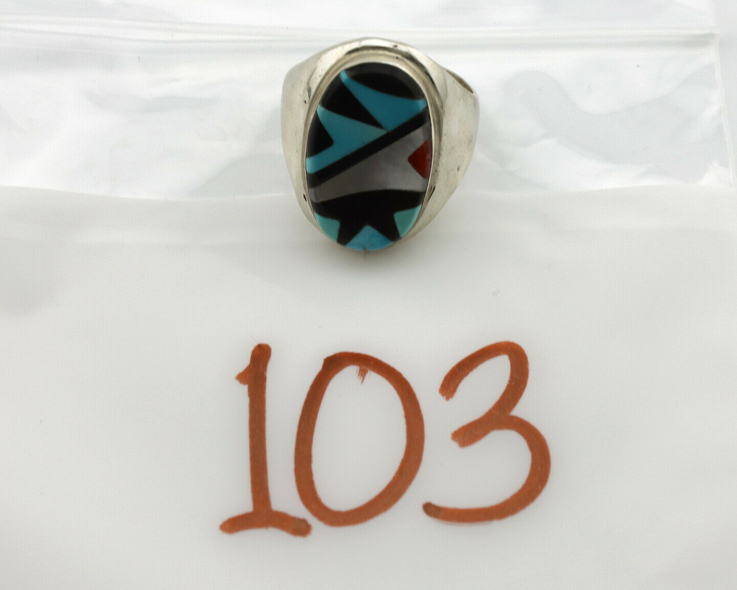 Zuni Inlaid Ring .925 Silver Gemstone Artist Richard & Geneva Terraza C.1980's