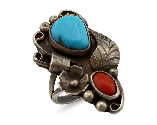 Navajo Handmade Ring 925 Silver Turquiose & Coral Artist Signed WJ C.80's
