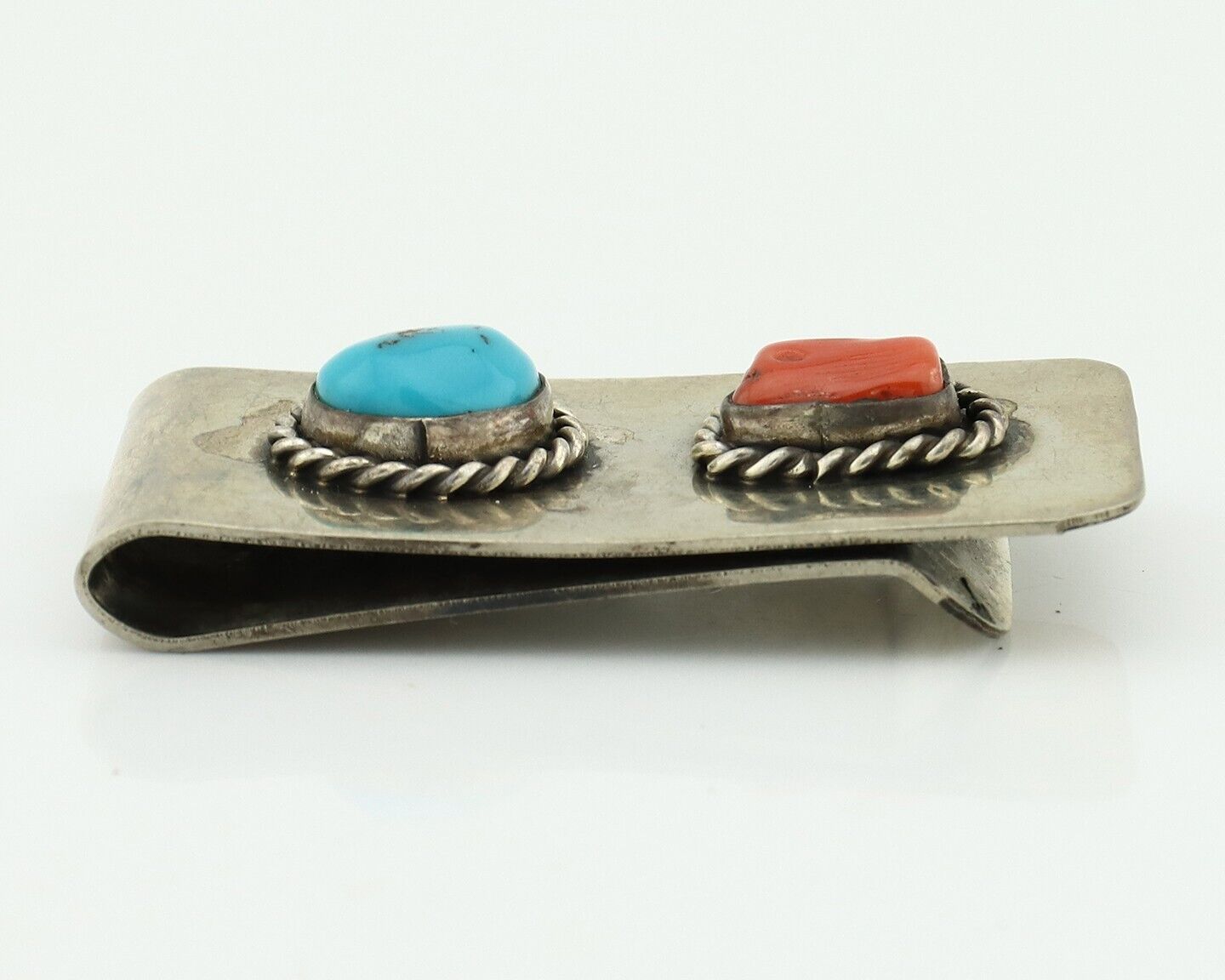 Navajo Money Clip 925 Silver & 999 Nickel Natural Turquoise & Coral Artist C80