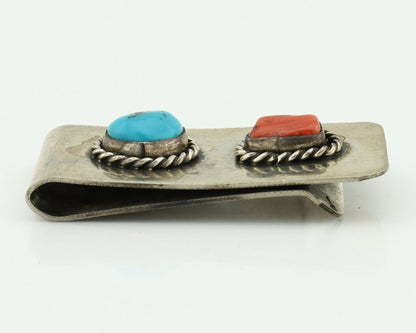 Navajo Money Clip 925 Silver & 999 Nickel Natural Turquoise & Coral Artist C80
